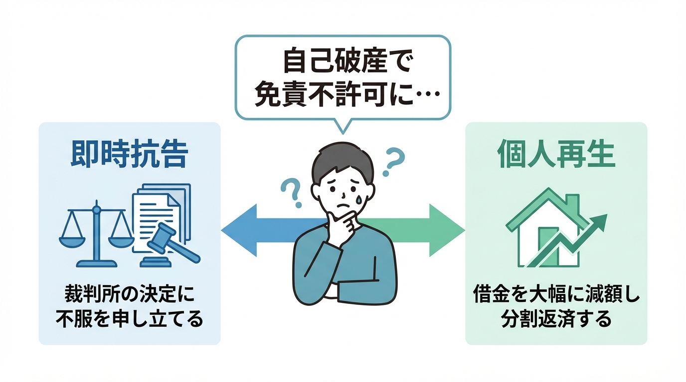 免責不許可になった場合の対処法を示す図解。選択肢として「即時抗告」と「個人再生」を挙げ、それぞれの特徴を簡潔に説明している。