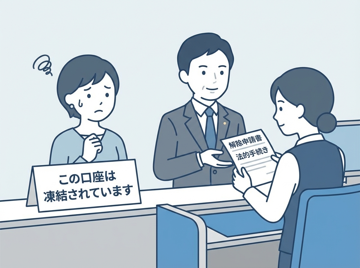 凍結された銀行口座の前で困る女性と、代わりに銀行と交渉する弁護士のイラスト。