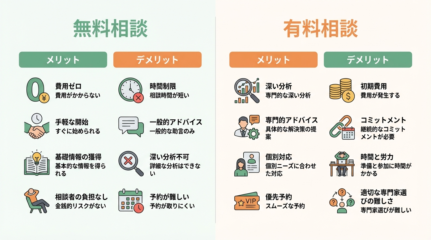 弁護士の無料相談と有料相談のメリット・デメリットを比較する図解。無料相談は手軽さが、有料相談は質の高さがメリットとして挙げられている。
