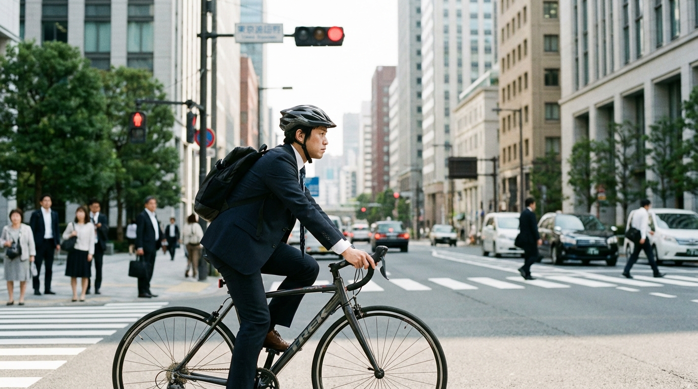 ヘルメットを着用し、交差点で真剣な表情で信号待ちをする自転車利用者の男性。法改正を機に交通ルールを遵守する意識の高まりを象徴している。
