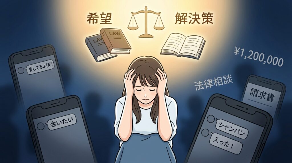 An anxious woman sits with her hands on her head, surrounded by floating phones showing legal messages, with scales of justice and law books glowing overhead.