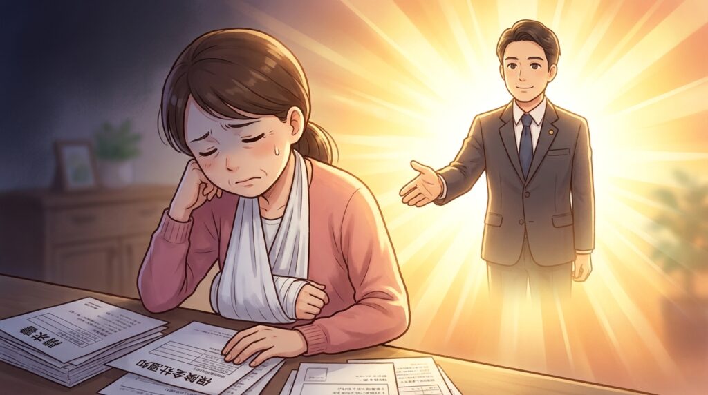 Injured woman with an arm sling sits at a desk with scattered papers as a suited man extends a helping hand toward her.