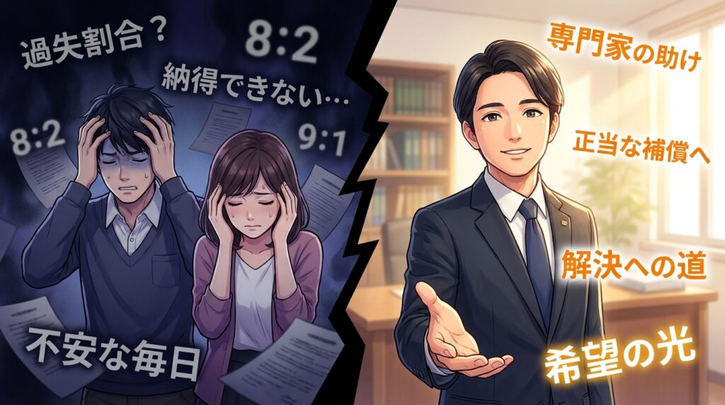 左は不安そうな男女と紙の資料が飛び交う対比シーン。右はスーツの専門家が手を差し伸べ、解決へ導く場面。