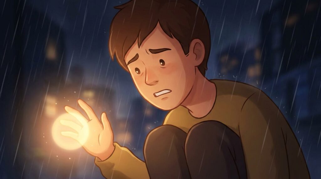 Young man crouching in the rain at night, holding a glowing orb in his palm with a worried expression.