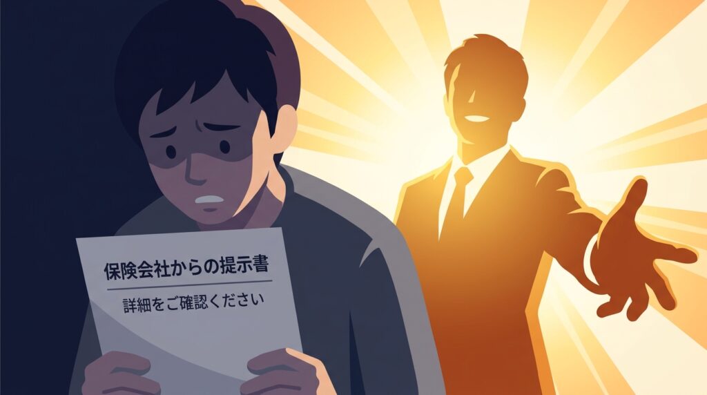 Worried man holds a letter with Japanese text, as a glowing salesman extends a welcoming hand from the right.