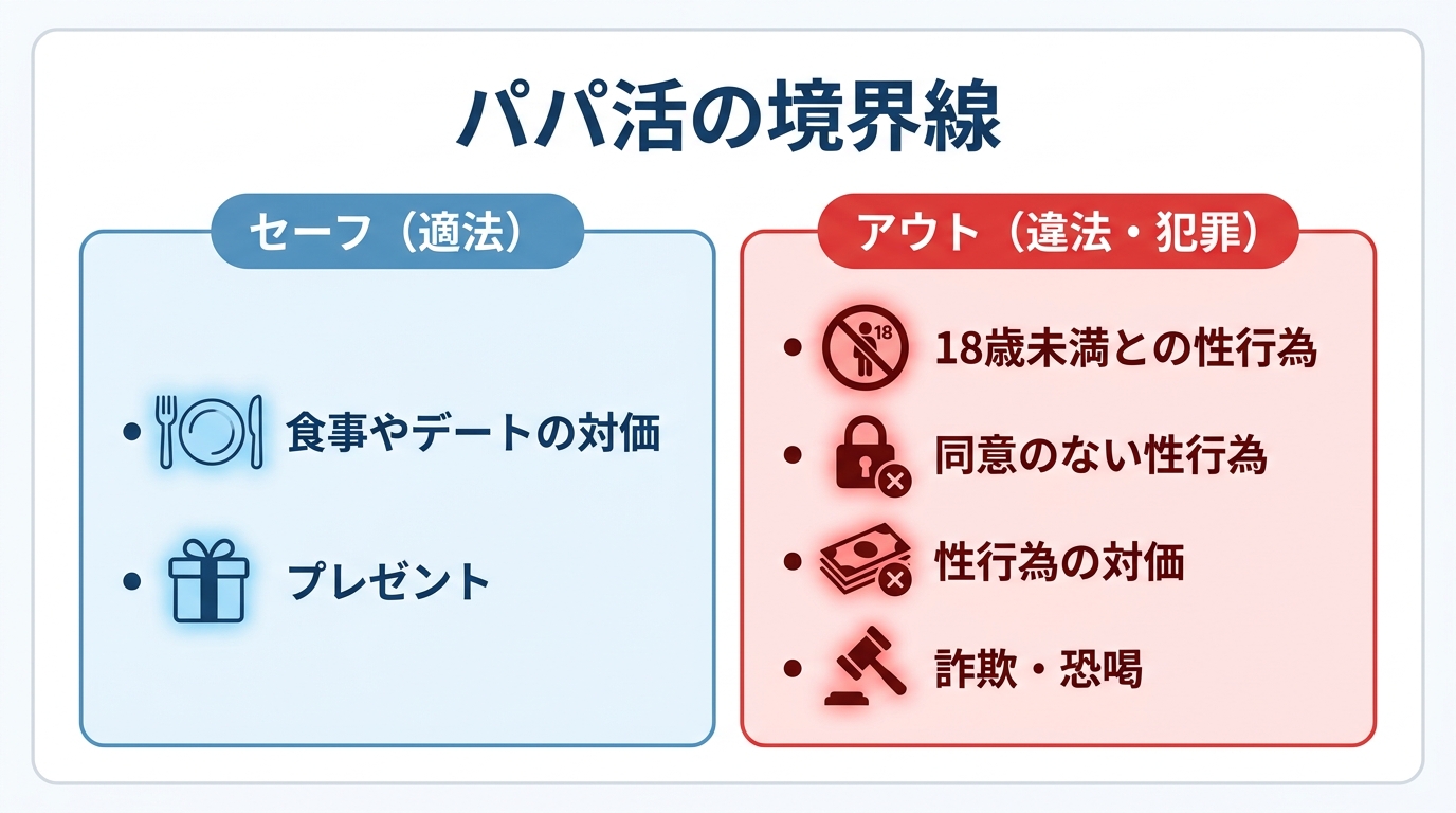 パパ活が犯罪になる7つの境界線を示した早見表。18歳未満との行為や同意のない性行為などが違法となるケースを解説しています。