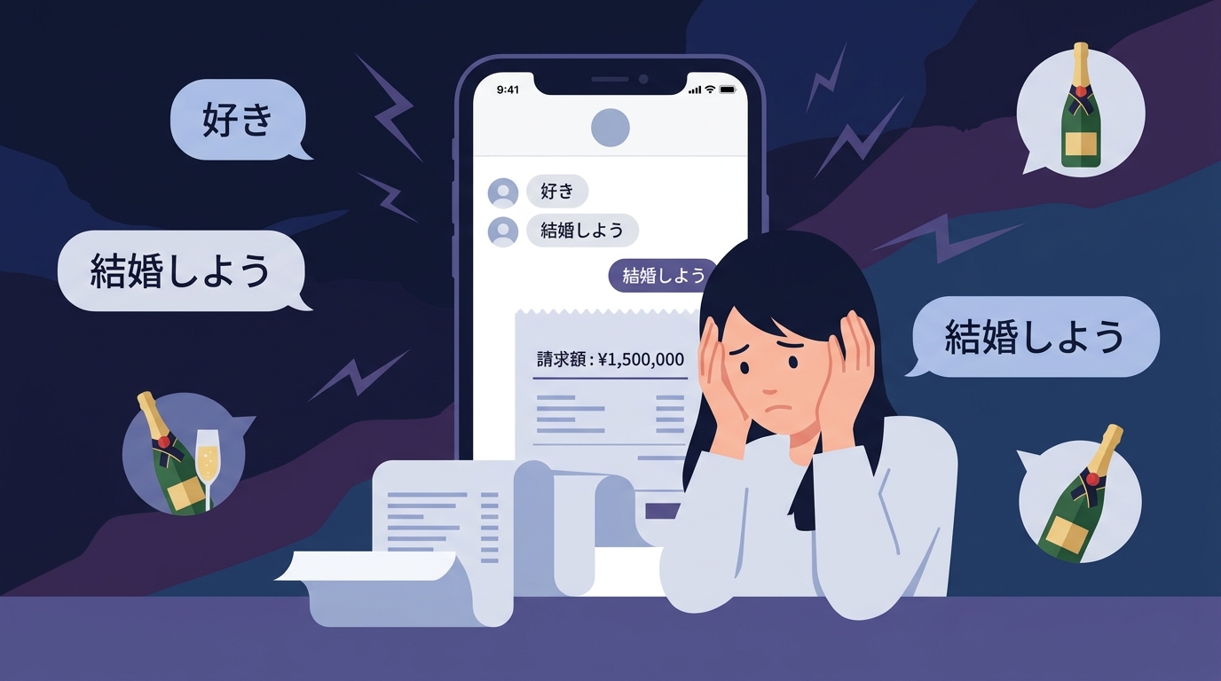 ホストからの色恋営業と高額請求に悩む女性のイラスト。デート商法や消費者契約法による契約取り消しの可能性を示唆している。