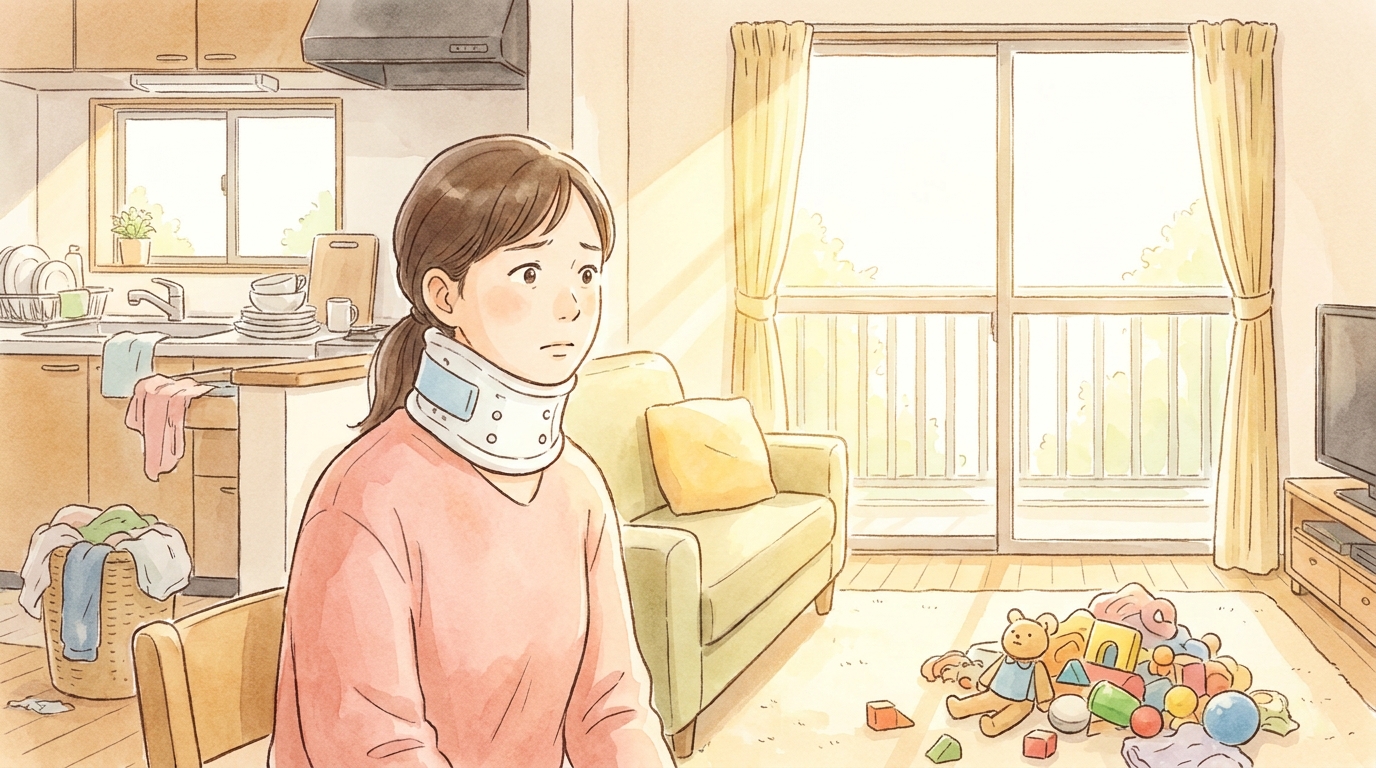 交通事故による怪我で家事ができず、困った表情を浮かべる主婦のイラスト