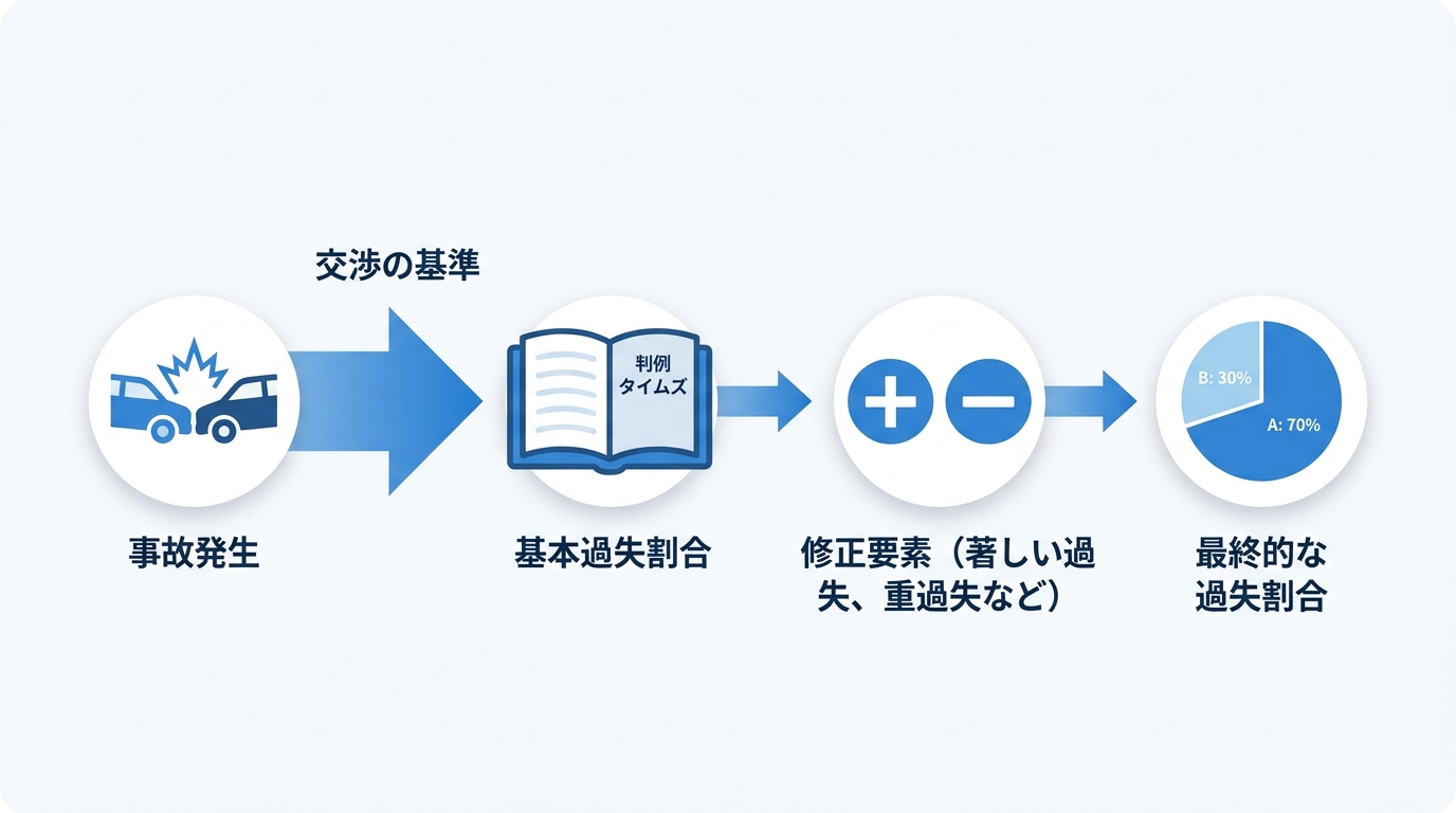 交通事故の過失割合が「判例タイムズ」を基準に、個別の「修正要素」を加味して決定されるプロセスを示した図解。