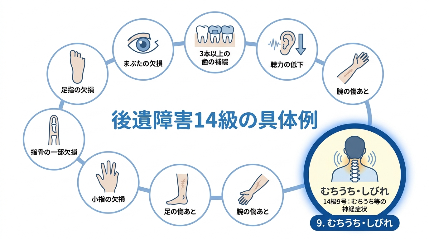 後遺障害14級に該当する9つの症状をまとめた図解。むちうち、歯の欠損、傷跡などがイラストで示されている。