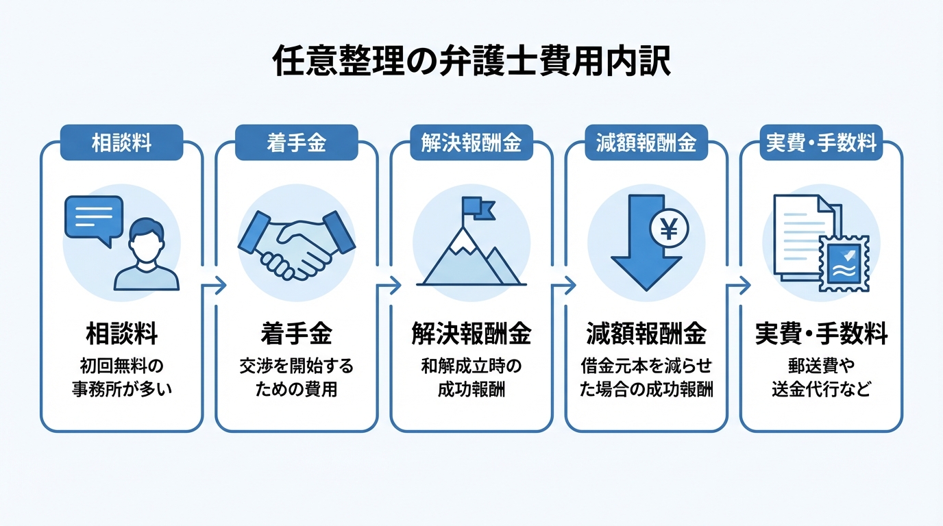 任意整理にかかる弁護士費用の一般的な内訳を示した図解。相談料、着手金、解決報酬金、減額報酬金、実費・手数料の5項目について、アイコン付きで分かりやすく解説しています。