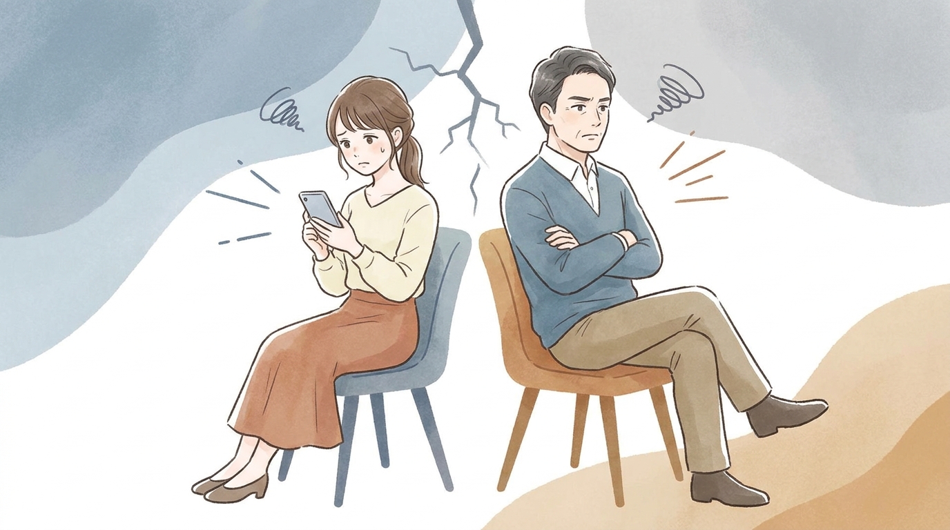 パパ活トラブルで悩む男女。スマートフォンを手に不安げな女性と、腕を組んで考え込む男性が背中合わせに座っている。