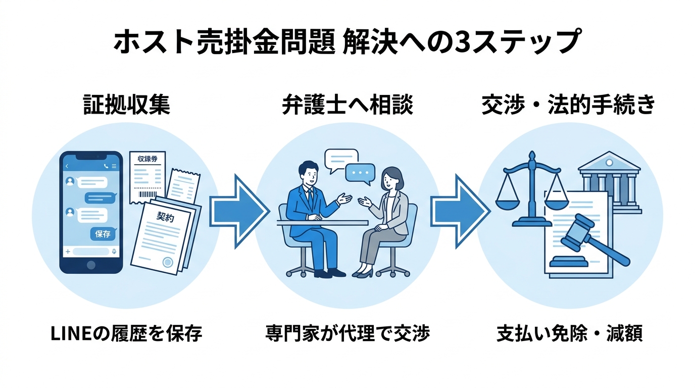 ホストの売掛金問題を解決するための3ステップを示した図解。ステップ1「証拠収集」、ステップ2「弁護士へ相談」、ステップ3「交渉・法的手続き」の流れを解説。