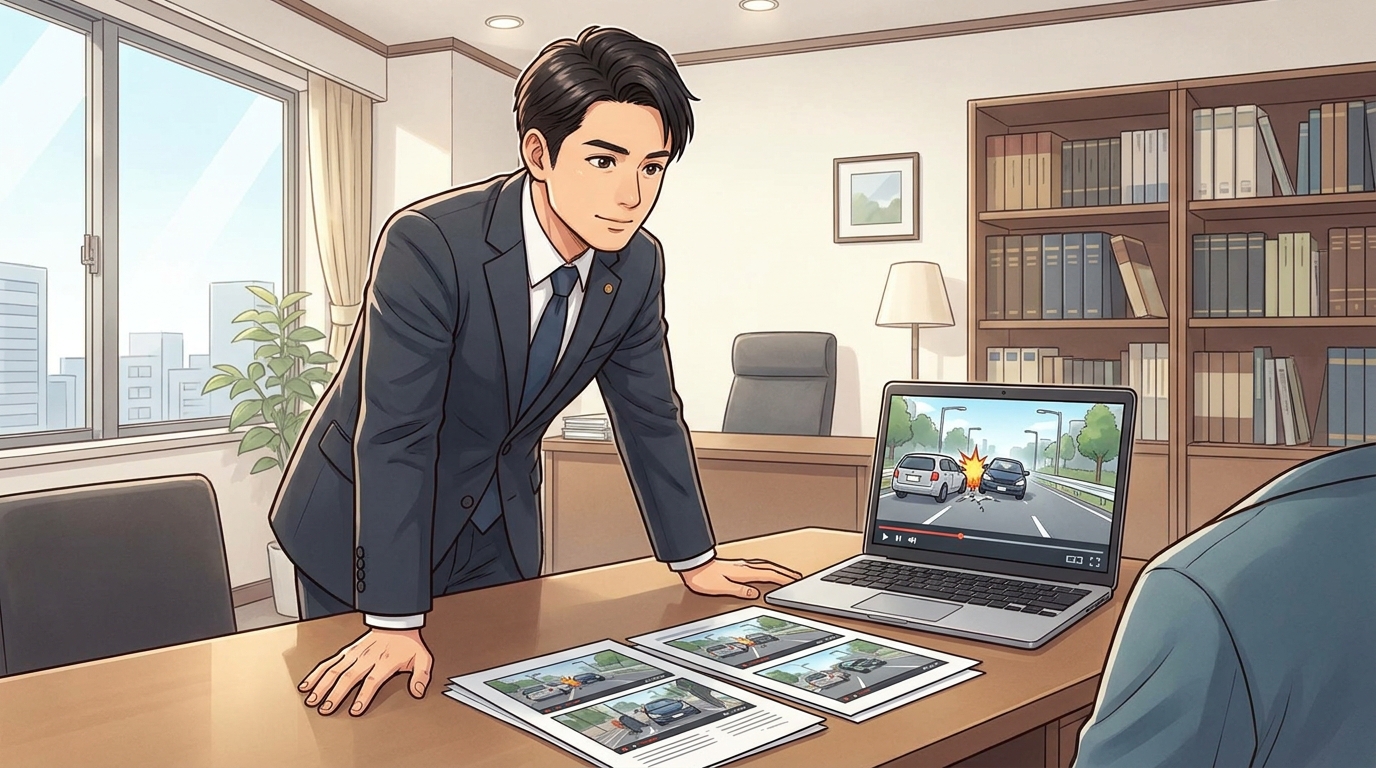 弁護士がドライブレコーダーの映像を緻密に分析し、交通事故の証拠を探している様子。