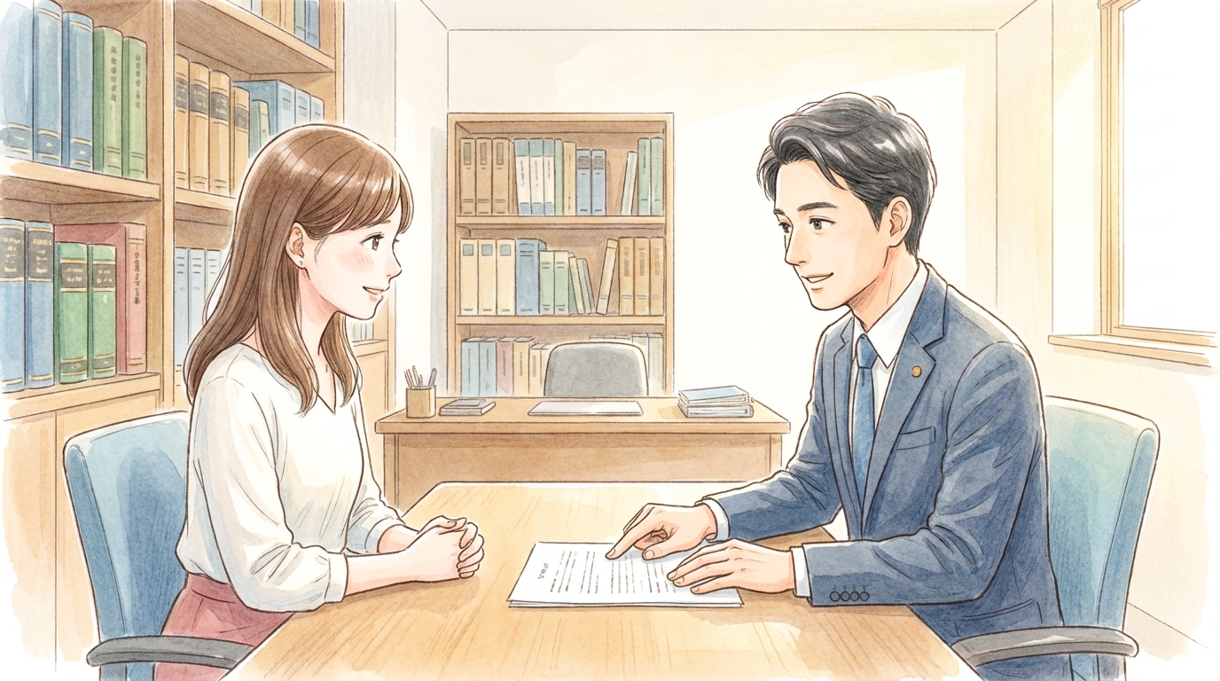 弁護士が依頼者の話に親身に耳を傾け、異議申し立ての書類についてアドバイスしている相談風景のイラスト。