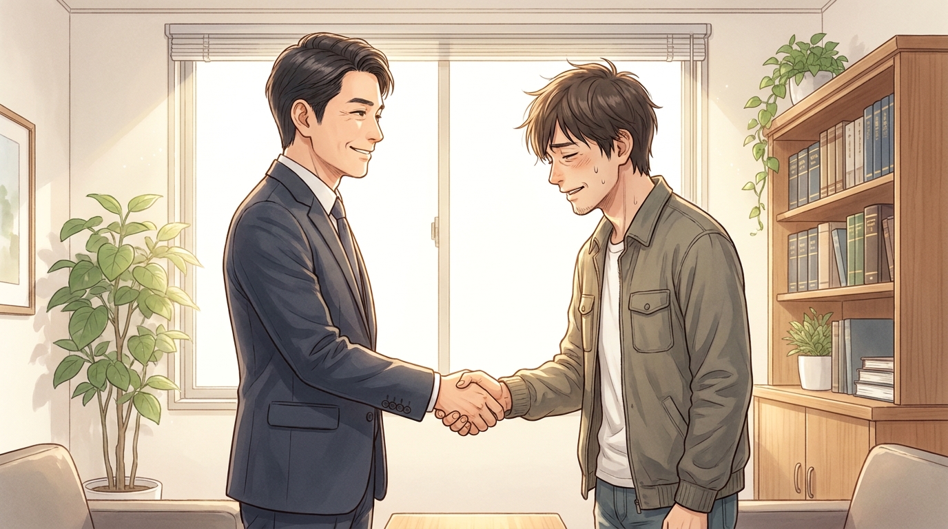 弁護士と依頼者が握手をしているイラスト。治療費打ち切り問題が解決し、依頼者が安堵している様子。