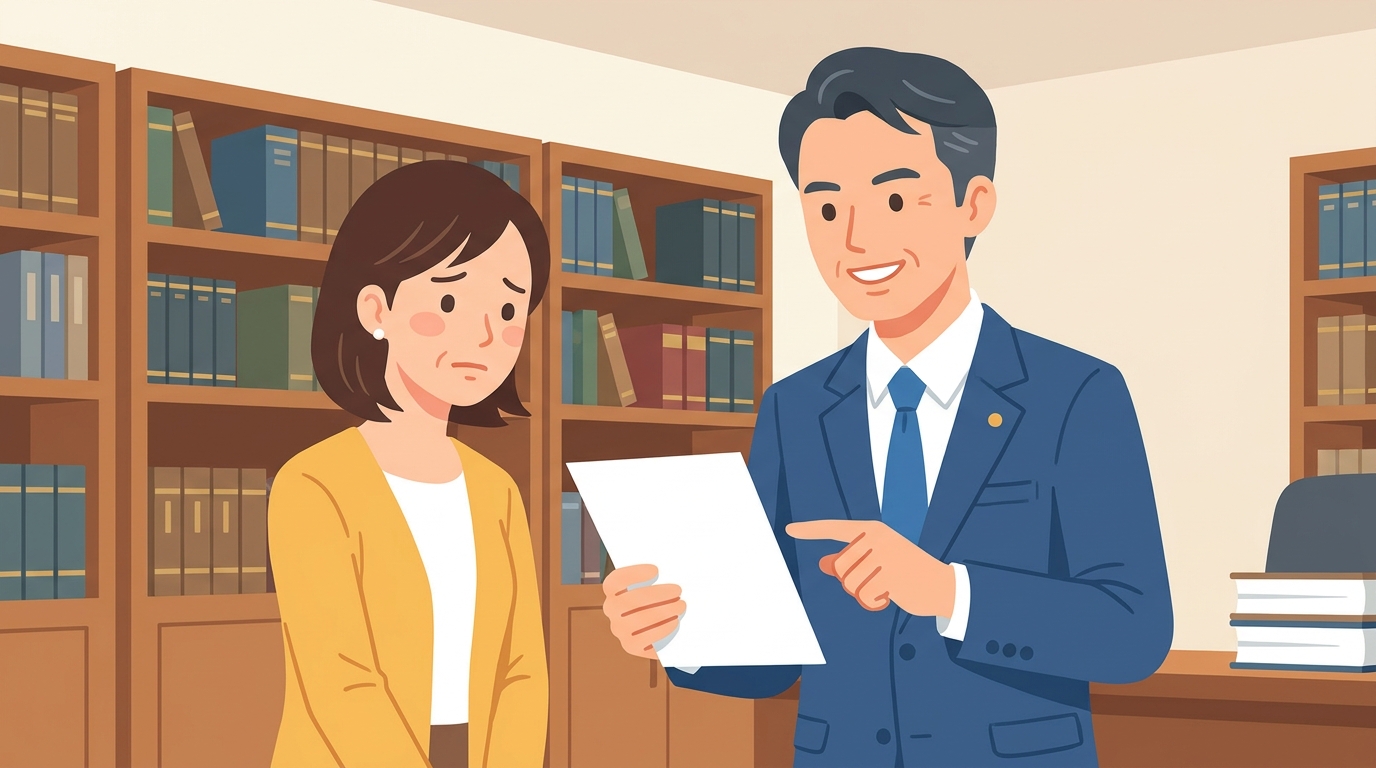 弁護士が、後遺障害の逸失利益について悩む相談者に、解決策を提示し、安心させている様子のイラスト。