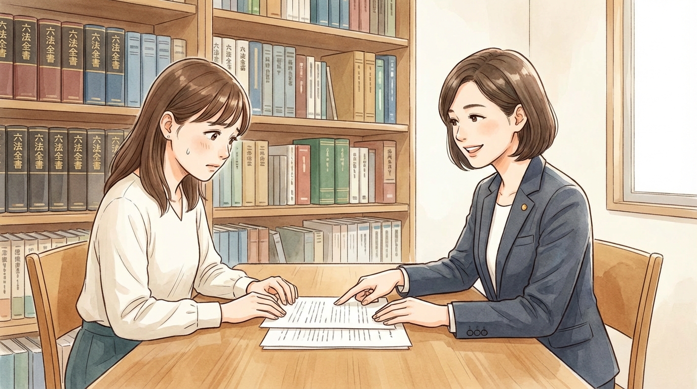 法律事務所で弁護士に相談する女性のイラスト。費用の見積もりについて、親身に説明を聞いている様子。