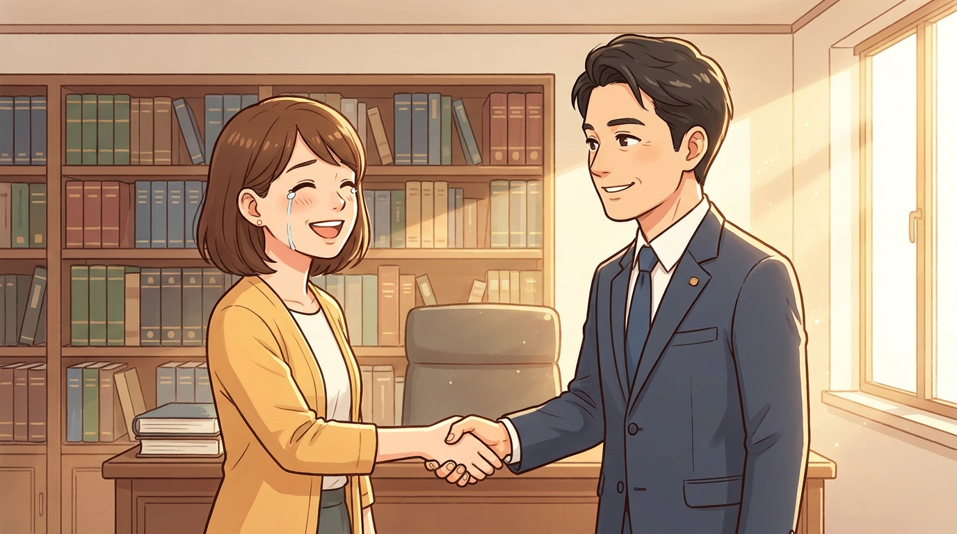 交通事故の過失割合の問題が解決し、弁護士に感謝して握手をする依頼者。