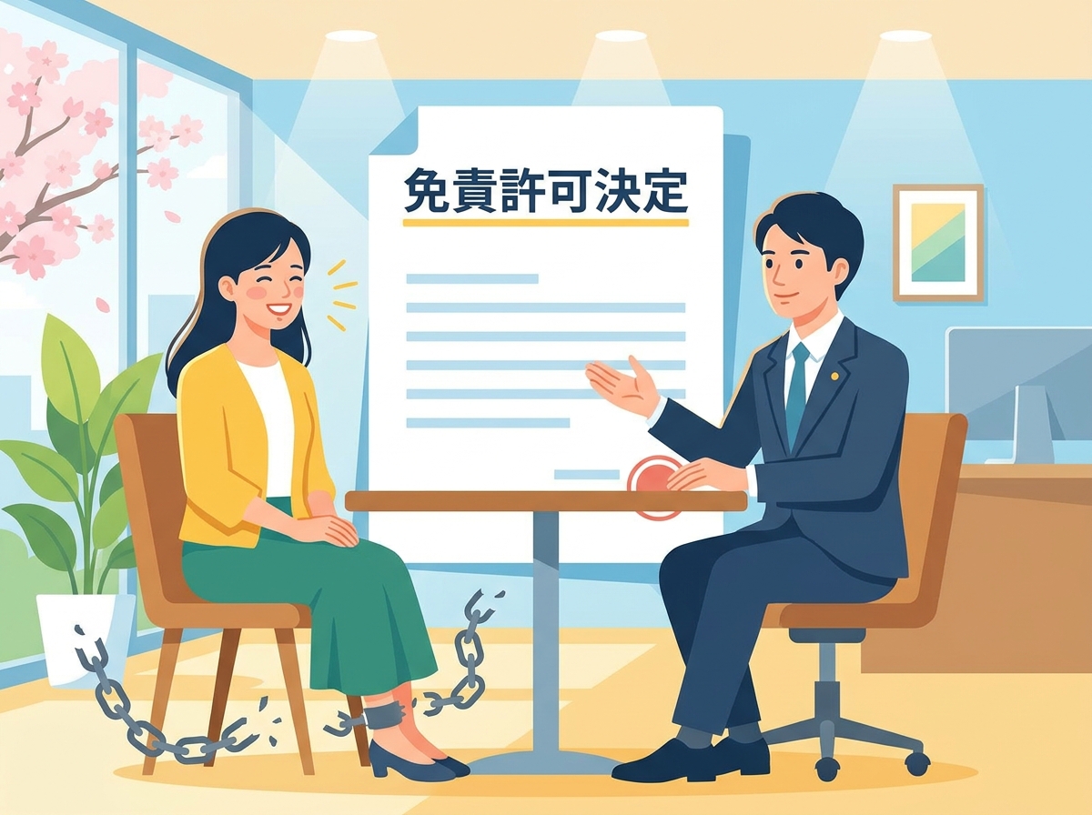 自己破産の裁量免責によって借金の悩みから解放され、人生を再スタートする女性のイラスト。ホストの売掛金も解決できることを示している。