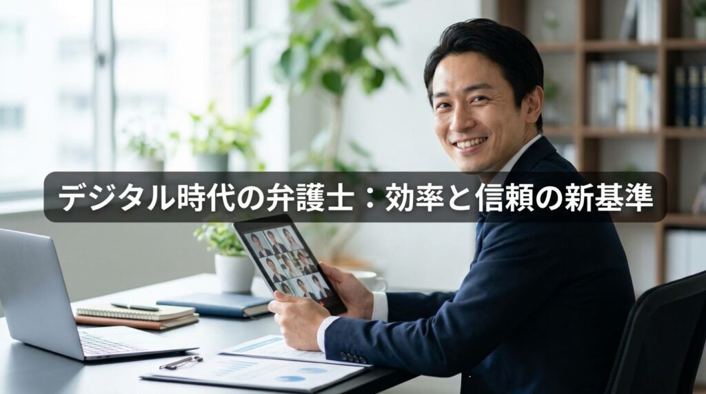 オフィスでタブレットを持つ笑顔の男性弁護士、オンライン会議の画面を表示している様子。記事テーマはデジタル時代の弁護士の効率と信頼。