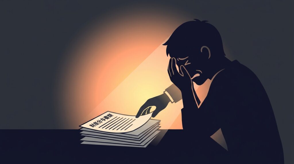 Silhouette of a distressed person at a table, head in hands, staring at a stack of bills and documents.