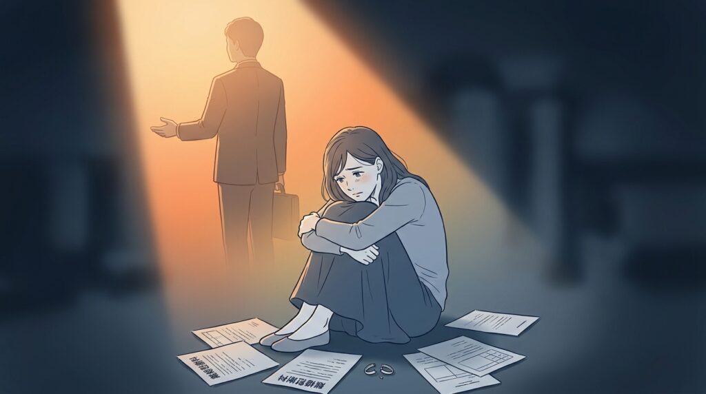 Woman sitting on the floor, knees hugged, surrounded by scattered papers as a man in a suit walks away toward a bright doorway with a briefcase behind her.