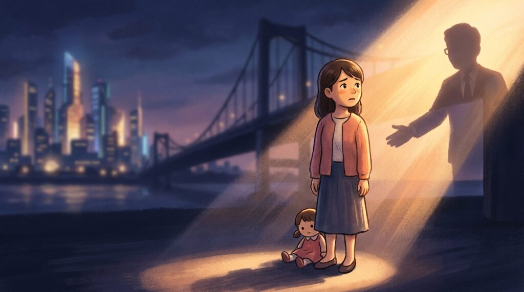 Young girl with a doll stands on a dock at night; a suited shadowy man reaches out a hand toward her.