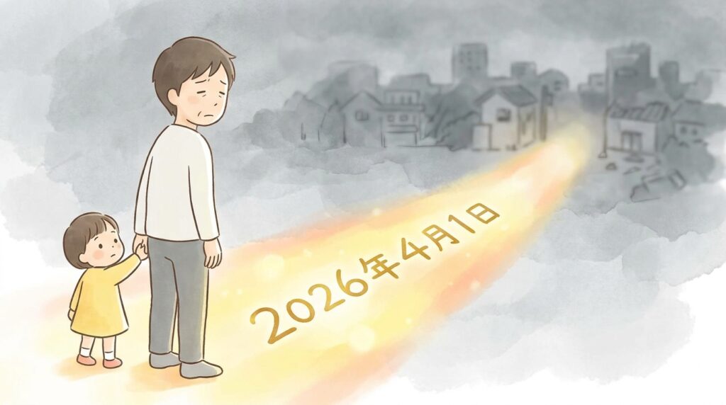 Father and child holding hands watch a glowing orange beam labeled 2026年4月18日 shoot toward a smoky, ruined city.