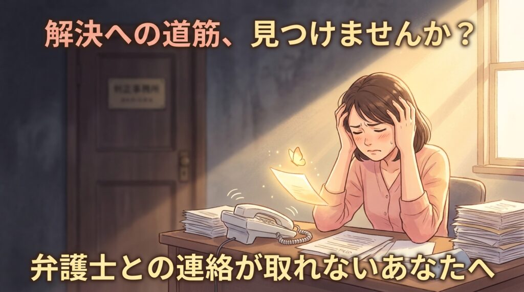 Worried woman at a cluttered desk with a phone and many papers, sunlight coming through a window, with Japanese text asking, 'Looking for a path to a solution?' and 'If you can't reach a lawyer'