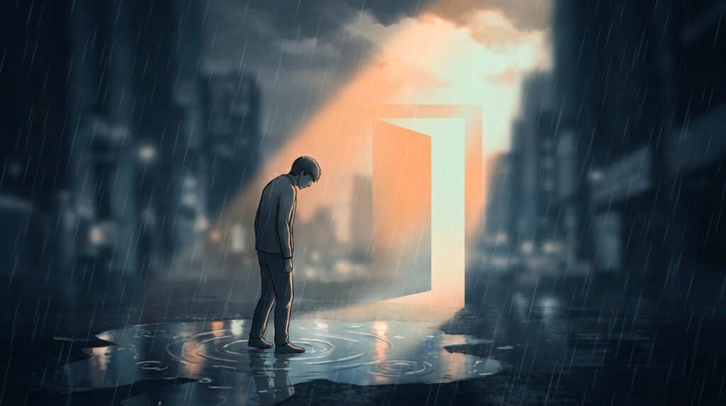 Man standing in the rain before a glowing orange doorway-shaped portal emerging from a puddle in a dark city street.