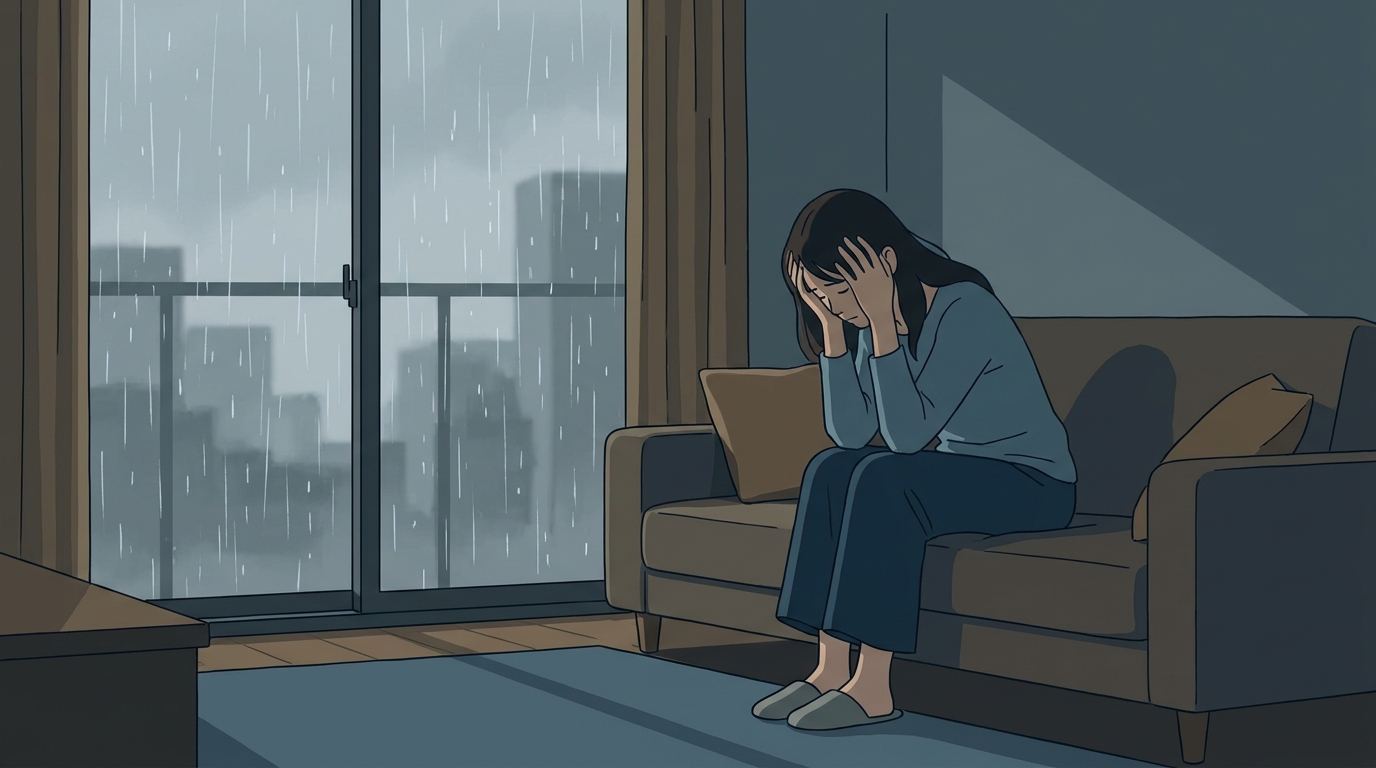 別居後の生活費の不安から、リビングで一人頭を抱える女性のイラスト。