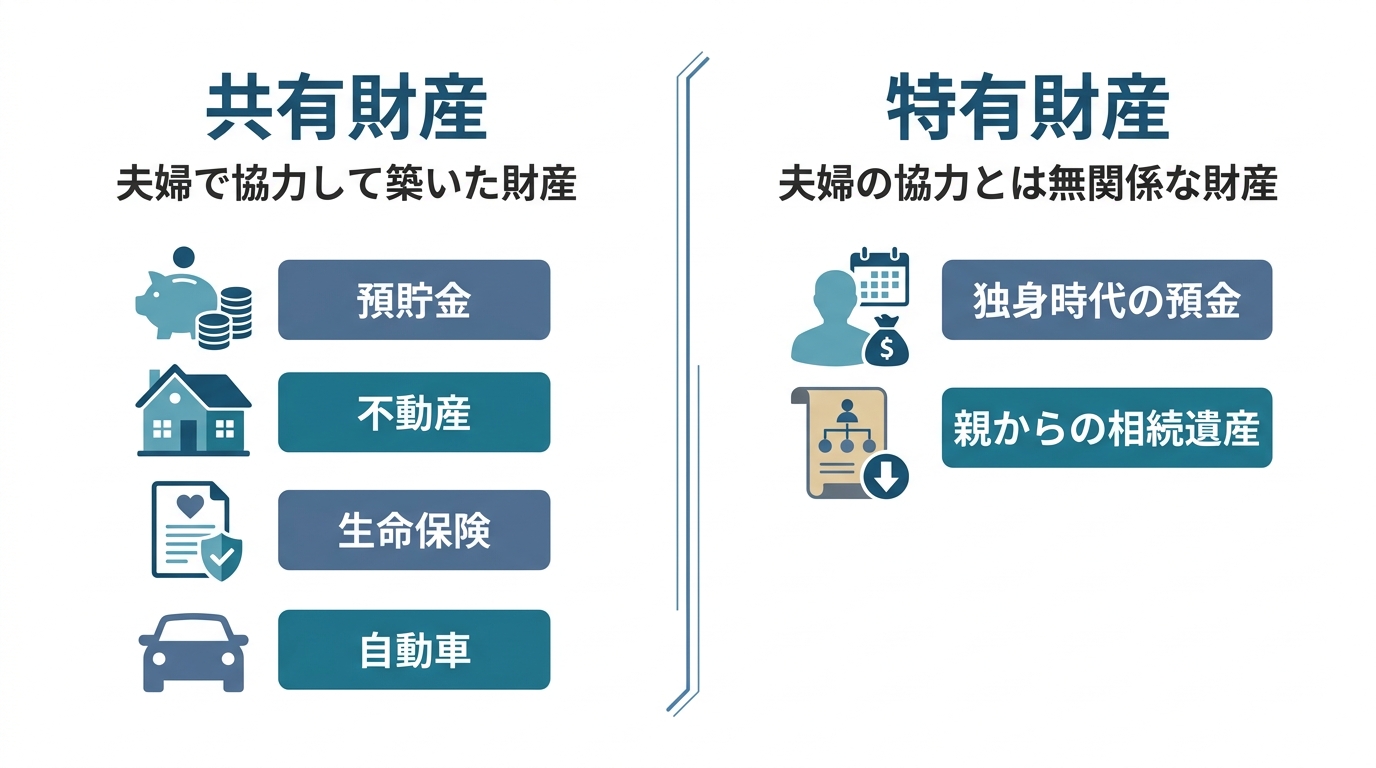 財産分与の対象となる「共有財産」と対象外の「特有財産」の違いを比較した図解。共有財産には預貯金や不動産、特有財産には独身時代の預金や相続遺産が例示されている。