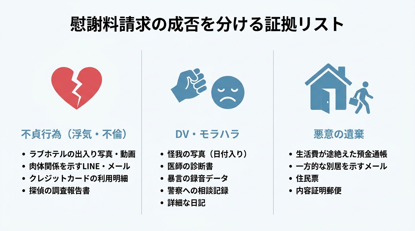 離婚慰謝料請求で有効な証拠リスト。不貞行為、DV・モラハラ、悪意の遺棄の3つの原因別に、写真、診断書、LINEの履歴など集めるべき証拠の具体例を図解。