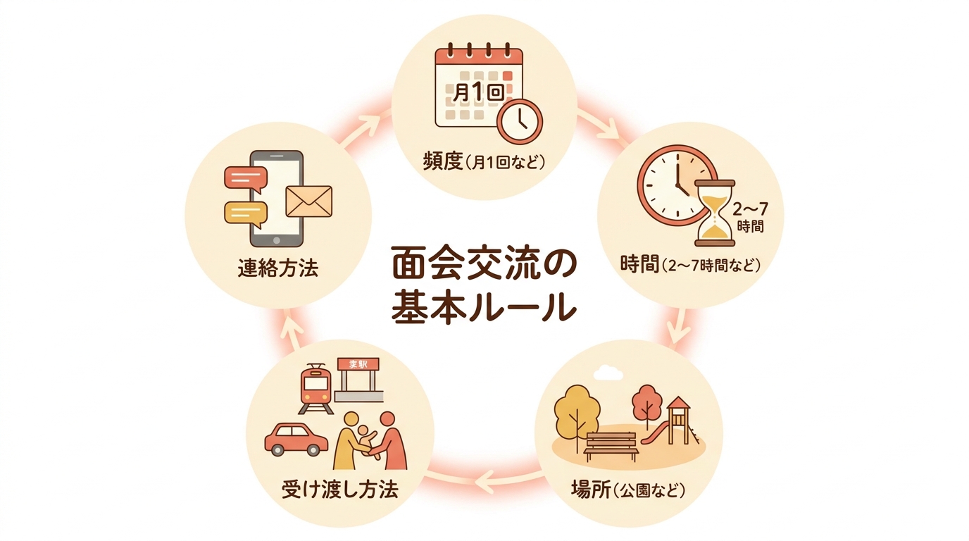 面会交流で決めるべき5つの基本ルール（頻度、時間、場所、受け渡し方法、連絡方法）を解説した図解。