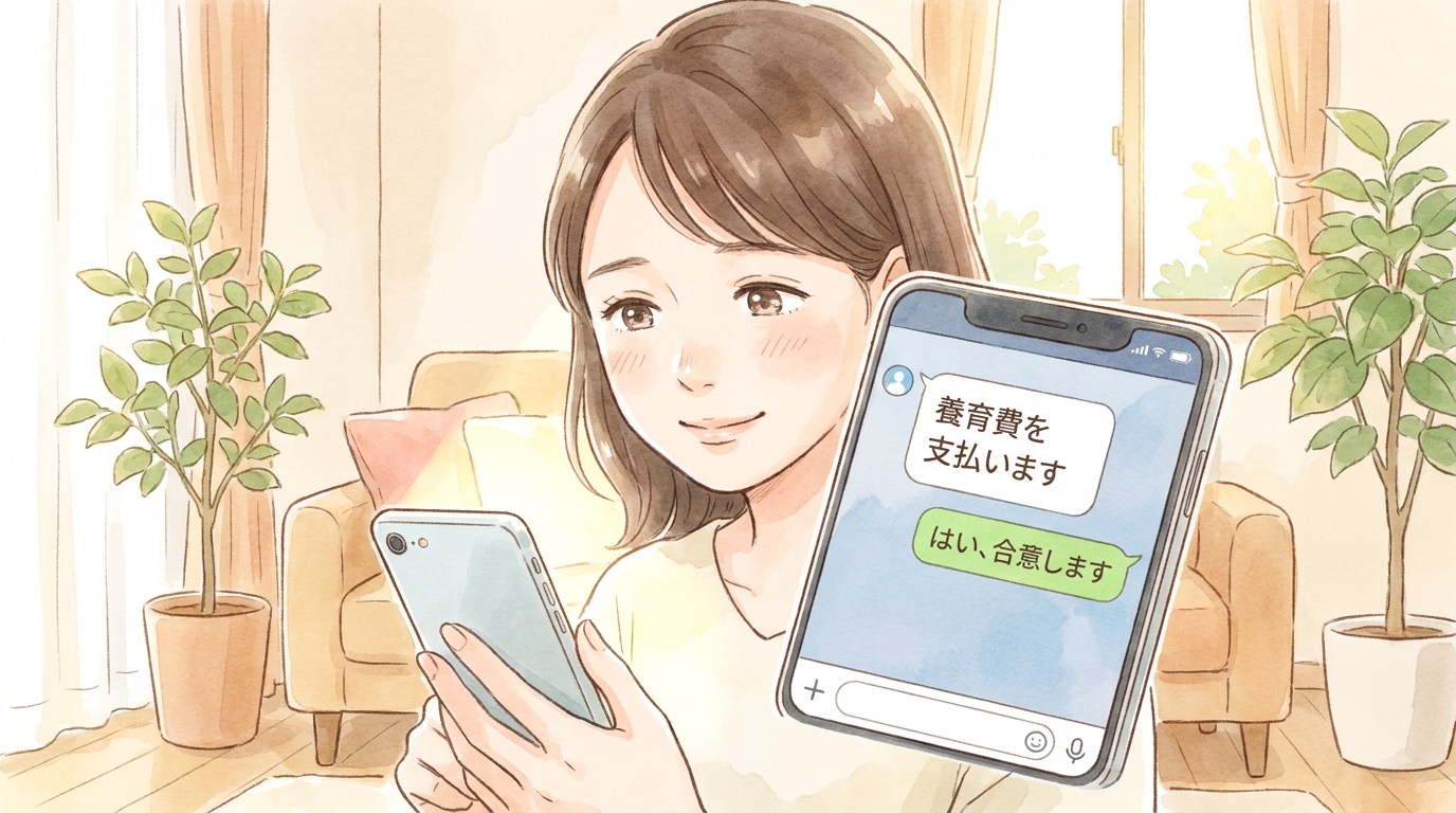 LINEのやり取りが養育費の合意文書になる可能性を示唆するイラスト。スマートフォンを見る女性。
