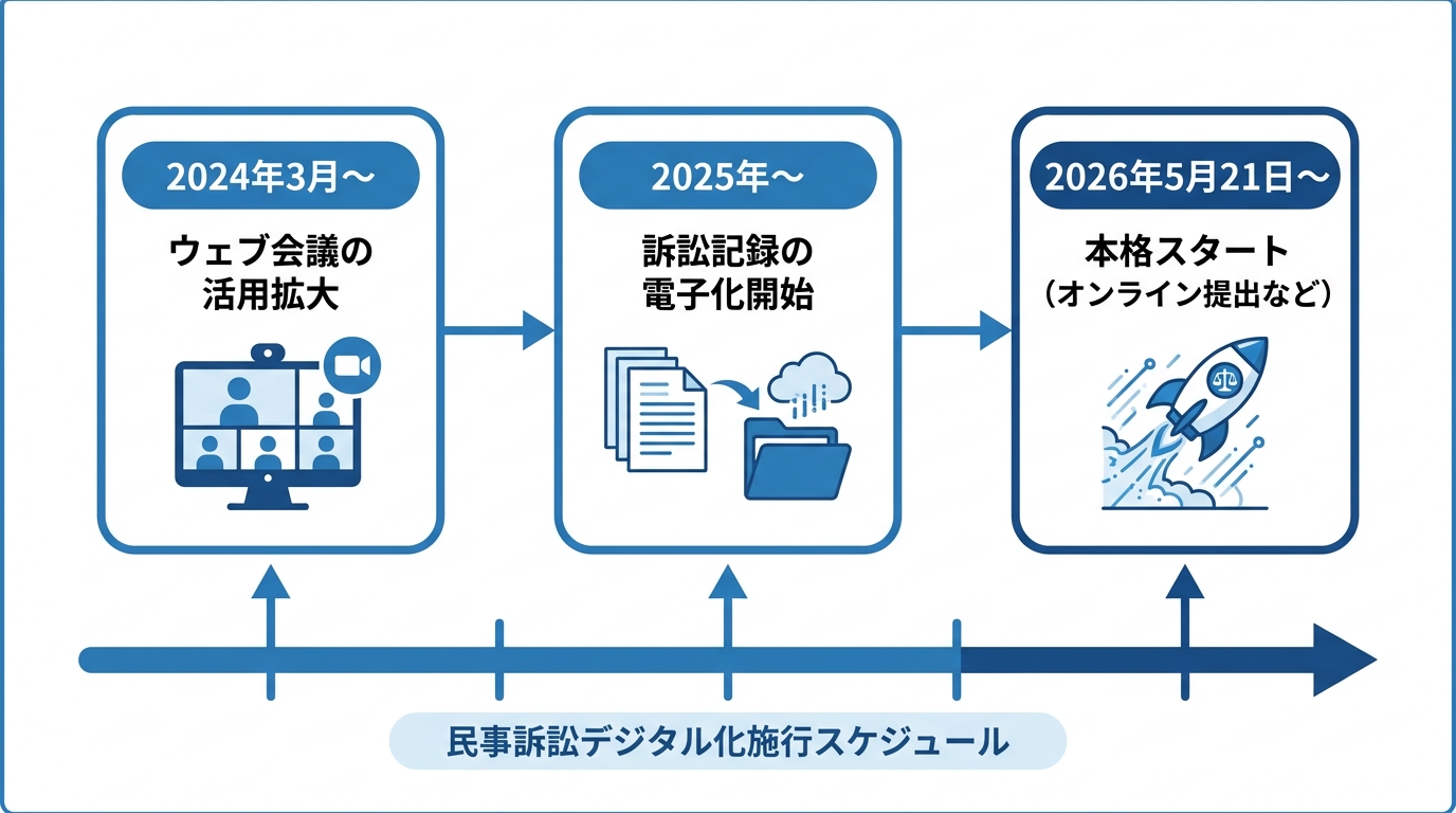 民事訴訟デジタル化の施行スケジュールを示した図。2024年3月にウェブ会議活用拡大、2025年に訴訟記録電子化、2026年5月21日にオンライン提出など本格スタートという3段階で進むことが示されている。