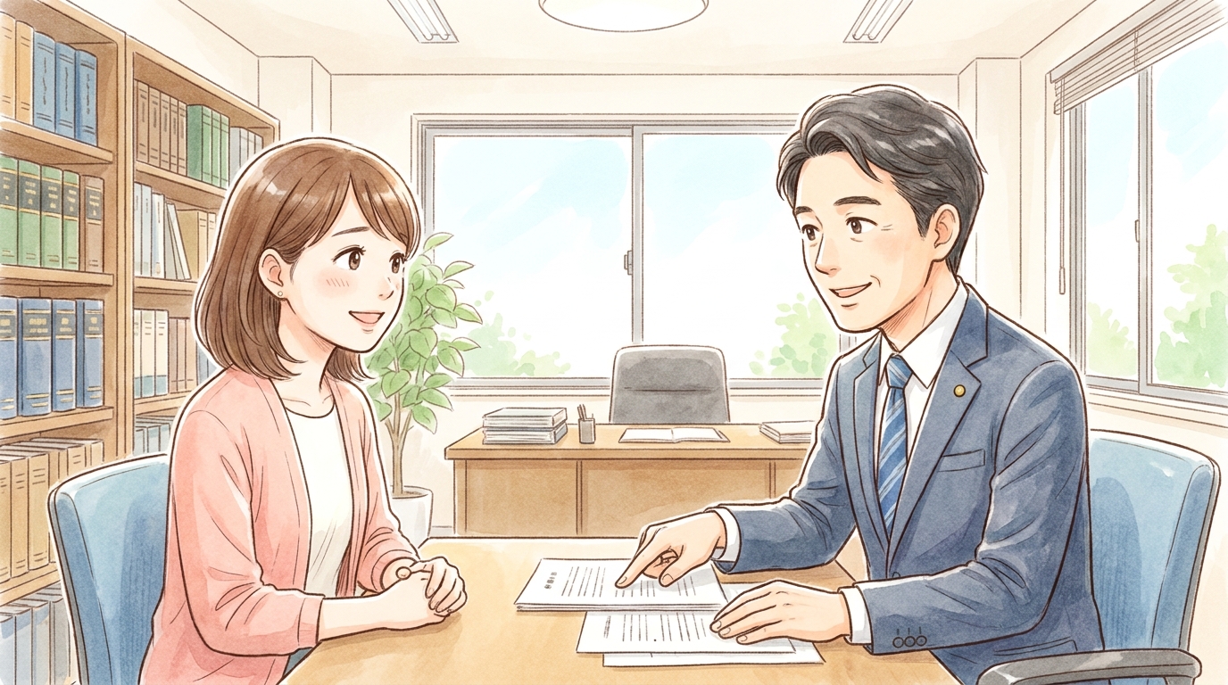 法律事務所で弁護士に財産分与の相談をし、安心した表情を浮かべる女性のイラスト。