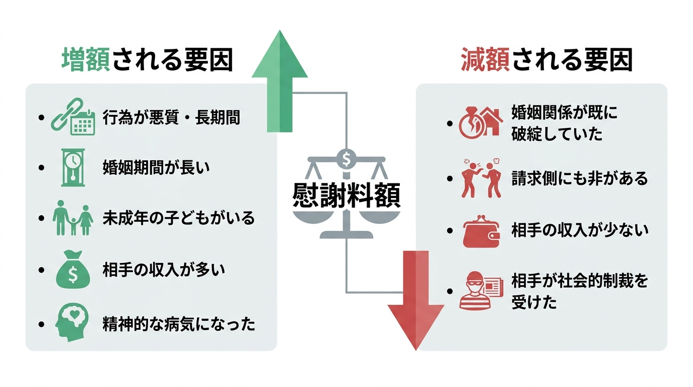 離婚慰謝料が増額・減額される要因の比較図。増額要因として婚姻期間の長さや行為の悪質性、減額要因として請求側の非や相手の収入などを左右に分けて解説。