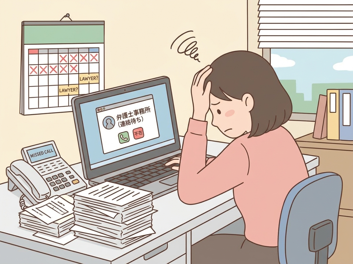 弁護士と連絡が取れず、パソコンの前で頭を抱えて悩んでいる女性のイラスト。