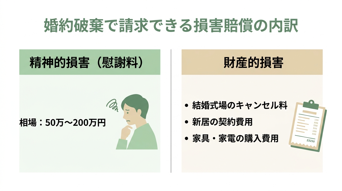 婚約破棄で請求できる損害賠償の内訳を示した図。精神的損害である慰謝料と、結婚準備にかかった実費などの財産的損害に分けられる。