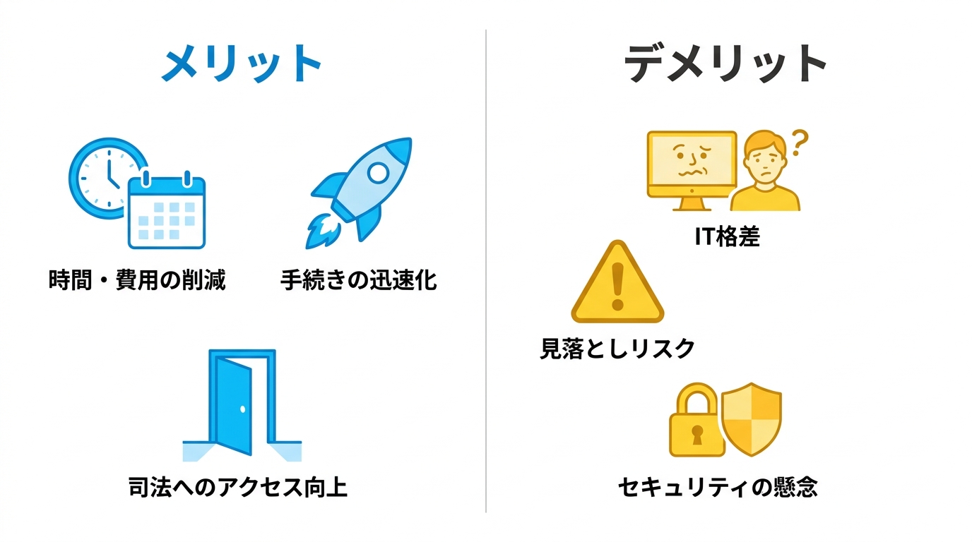 民事訴訟デジタル化のメリットとデメリットを比較した図。メリットとして時間・費用の削減、手続きの迅速化、司法へのアクセス向上が挙げられ、デメリットとしてIT格差、見落としリスク、セキュリティの懸念が挙げられている。