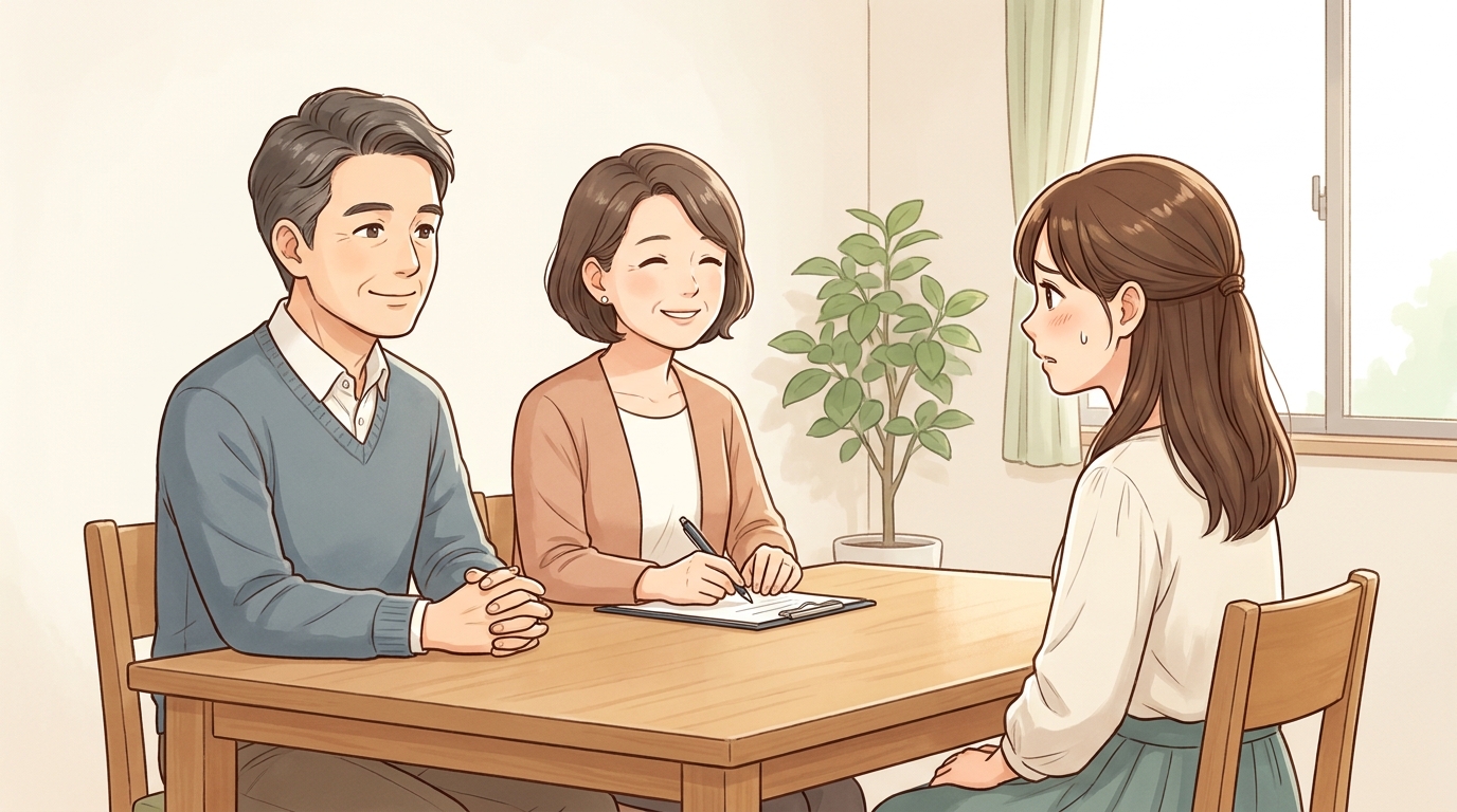 家庭裁判所の調停室で、調停委員に婚姻費用の相談をする女性のイラスト。