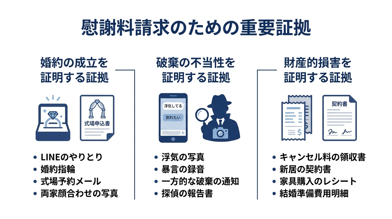 婚約破棄の慰謝料請求に必要な証拠のまとめ。婚約の成立、破棄の不当性、財産的損害を証明するための証拠がリストアップされている。