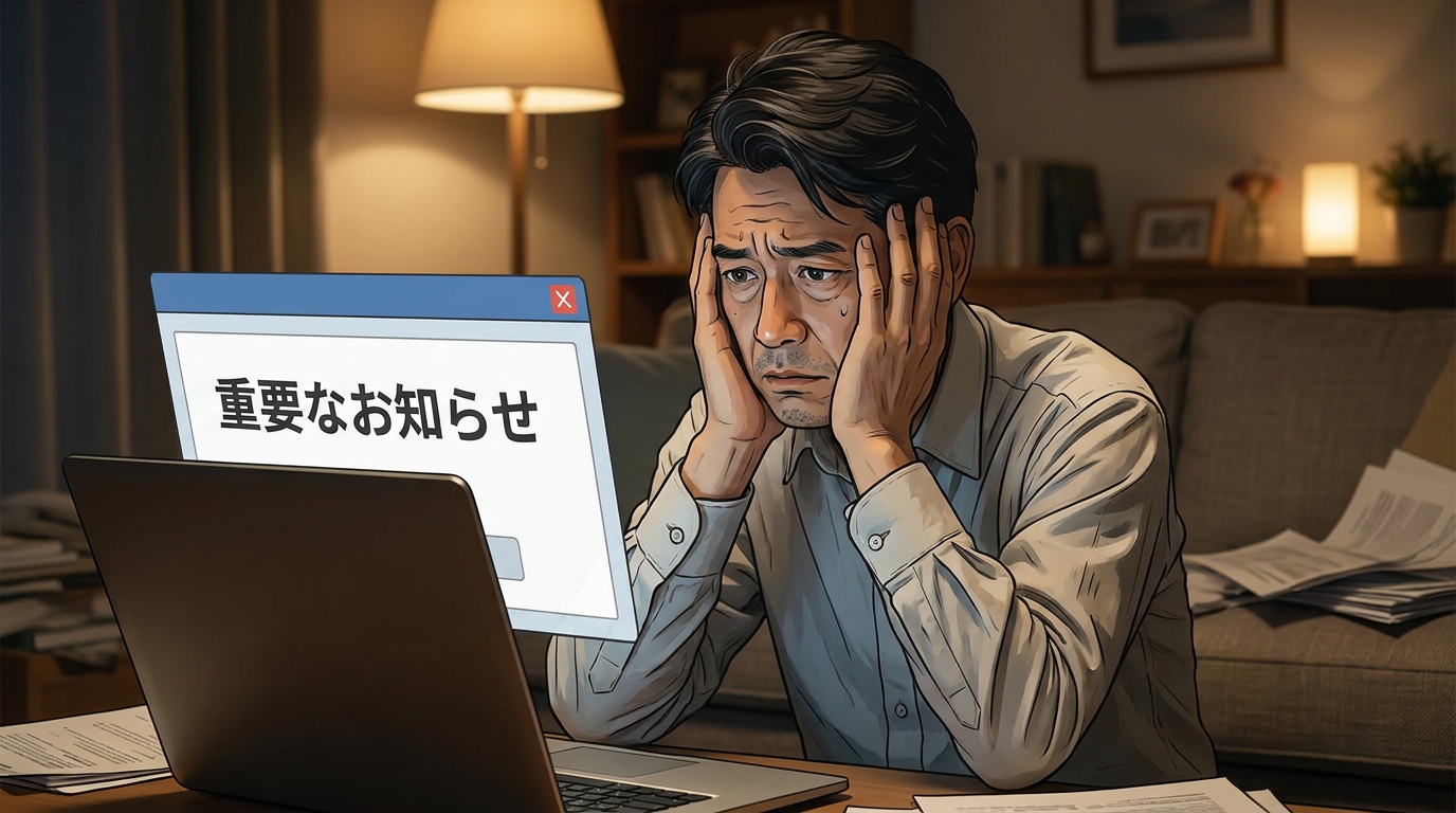 裁判所からのオンライン送達通知を見落としてしまい、頭を抱える男性のイラスト。デジタル化による新たなリスクを象徴している。