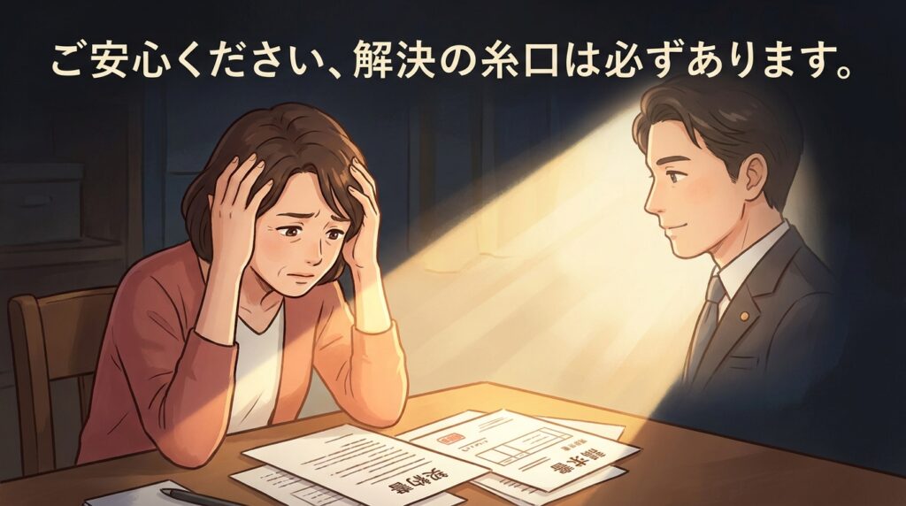 Worried woman sitting at a desk with scattered papers, a man in a suit speaks reassuringly from a spotlighted area above them, text banner reads: “ご安心ください、解決の糸口は必ずあります。”