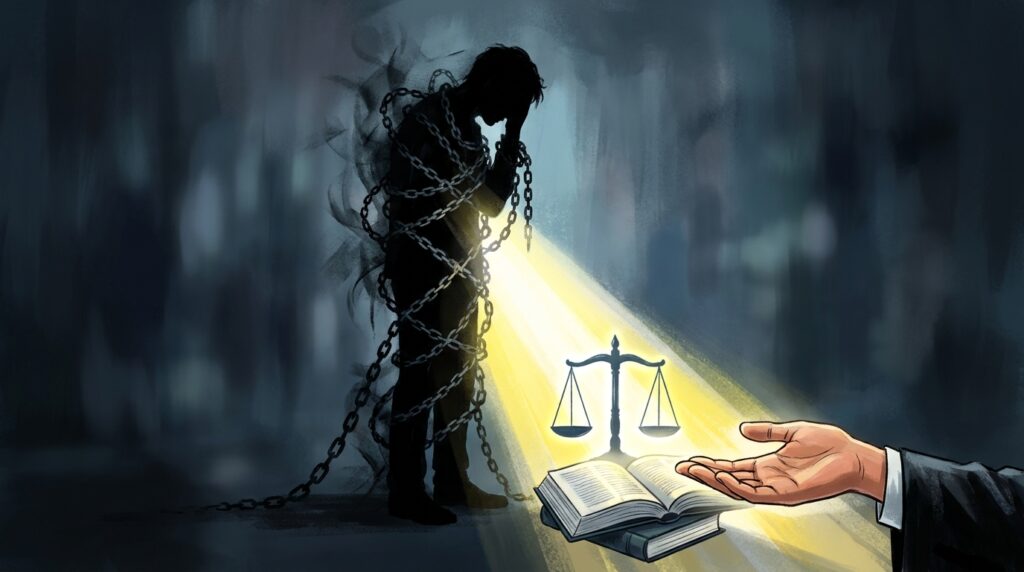Person in chains stands in a dark area while a beam of light highlights a scale of justice and an open book, symbolizing oppression and the search for justice.