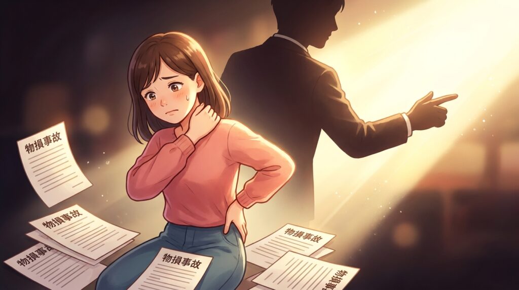 An anxious woman sits among scattered papers labeled '物損事故' (property-damage accident) while a silhouetted man in a suit points away in the background.