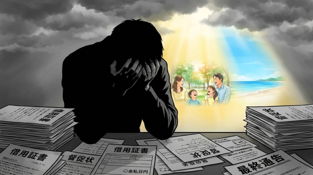 A silhouette of a stressed person with hands on their head at a cluttered desk full of loan documents, while a sunny window shows a joyful family by the beach as a hopeful memory or dream.
