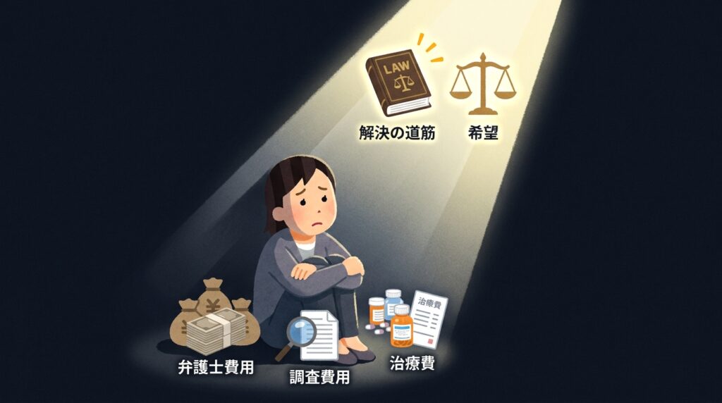 暗闇の中で不安そうに座る女性。周囲に弁護士費用・調査費用・治療費を象徴するアイテムがあり、光の道筋が希望を示している。